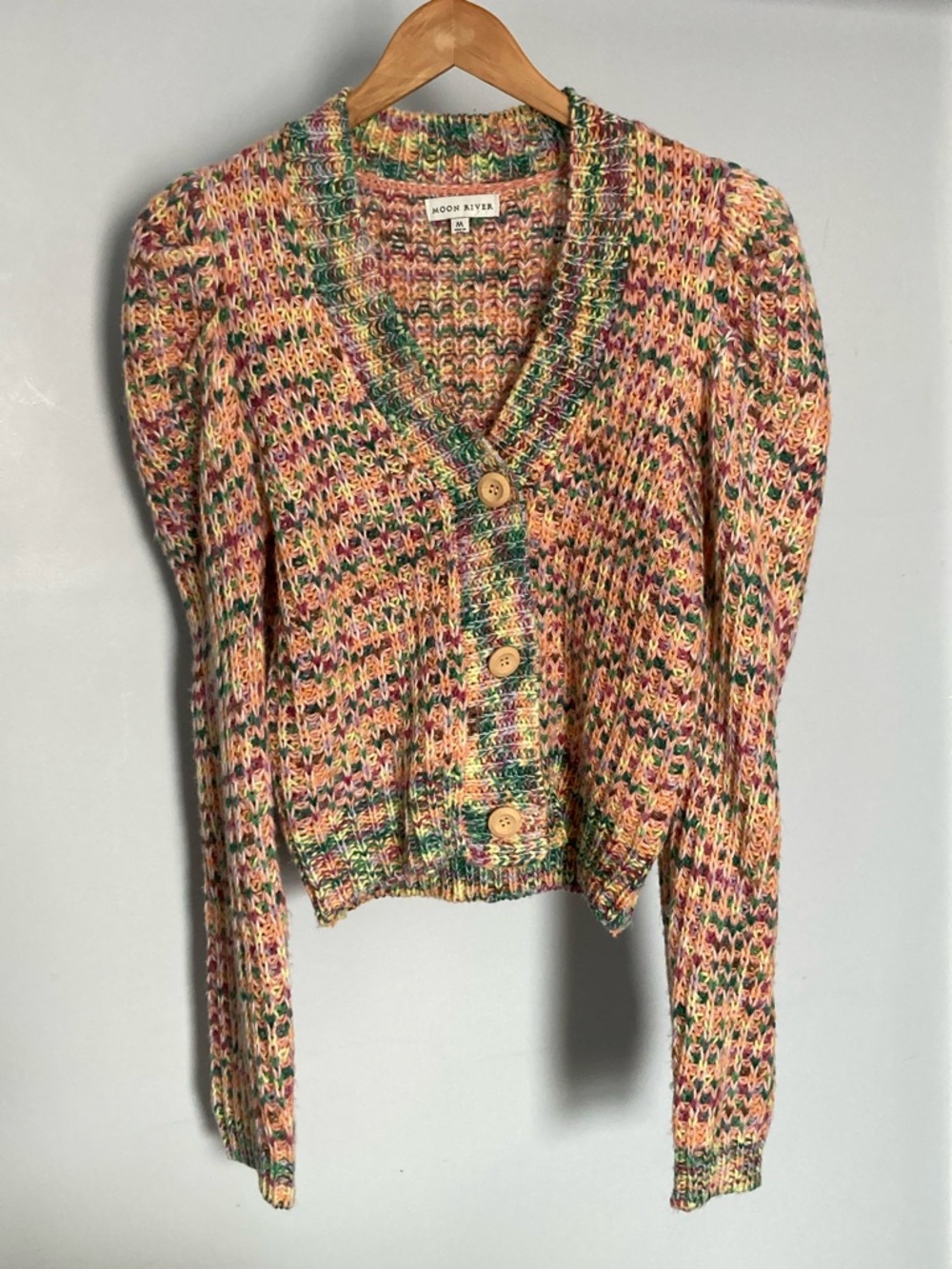 Moon River Multicolor Knit Button-Front Cardigan in Peach, Green, Cream